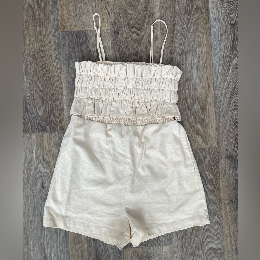 Strut & Bolt Smocked Romper Small Cream Neutral Linen Look Ruffle Cottagecore